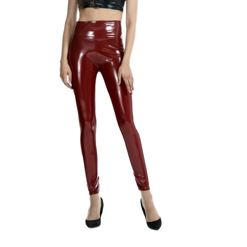 Женские эластичные леггинсы с зеркальным покрытием, Привлекательные яркие кожаные брюки из латекса с высокой талией, однотонные облегающие брюки