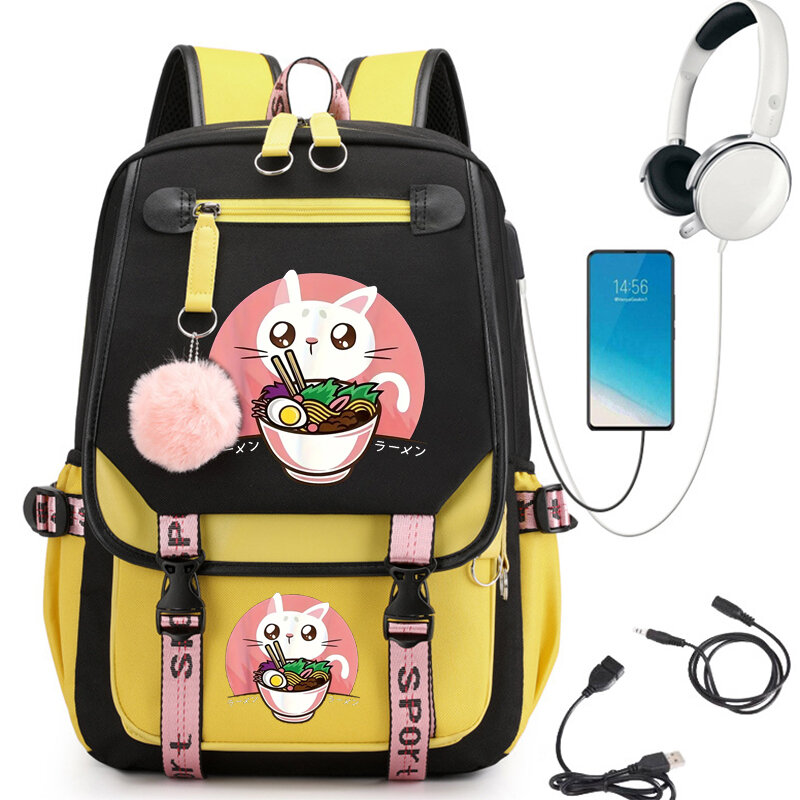 Sac à dos Cat Eat Ramen Anime pour filles, sacs d'école mignons pour étudiants, adolescentes, cartable pour femmes, sac à dos pour ordinateur portable, chargement USB