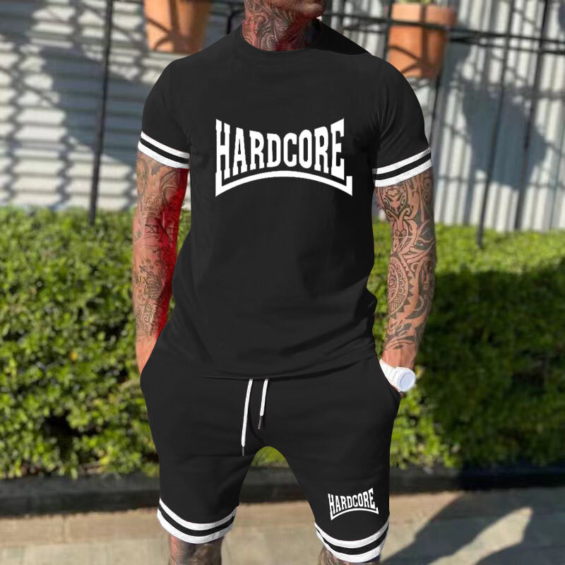 Hardcore Summer men's sportswear set Luxury trend Short sleeve solid color street men's short sleeve set (T-shirt + shorts)