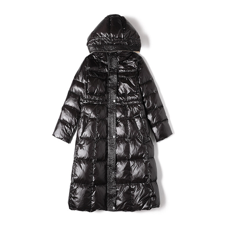 Manteau long à capuche en duvet de canard pour femme, parkas chaudes, vêtements de neige, noir, blanc, haut de gamme, mode européenne, hiver, 2023