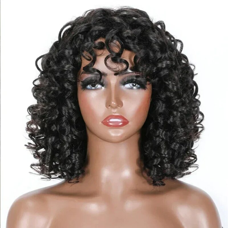 Peluca corta rizada con flequillo para mujer, cabello humano listo para usar, sin pegamento, rizada, hinchable, hecha a máquina, Afro