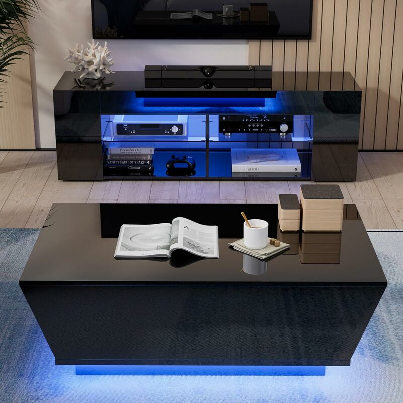Accogliente tavolino da caffè lucido Castle con LED, tavolino centrale moderno con 2 grandi cassetti portaoggetti nascosti per soggiorno, nero, 47