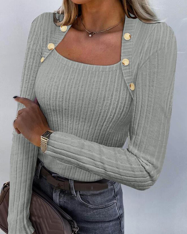 Mode Frau Bluse Frühling geknöpft Langarm gerippt lässig schlicht asymmetrisch Hals dünn täglich T-Shirt Top y2k Kleidung