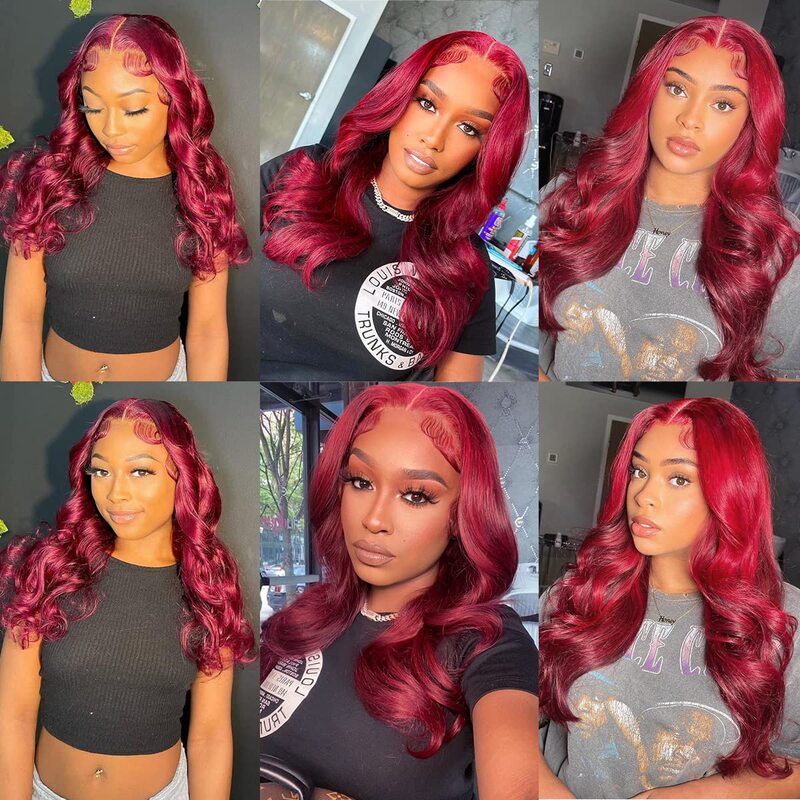 Peluca de cabello humano ondulado para mujer, Frontal de encaje postizo, color rojo borgoña 99J, HD, transparente, 13x6