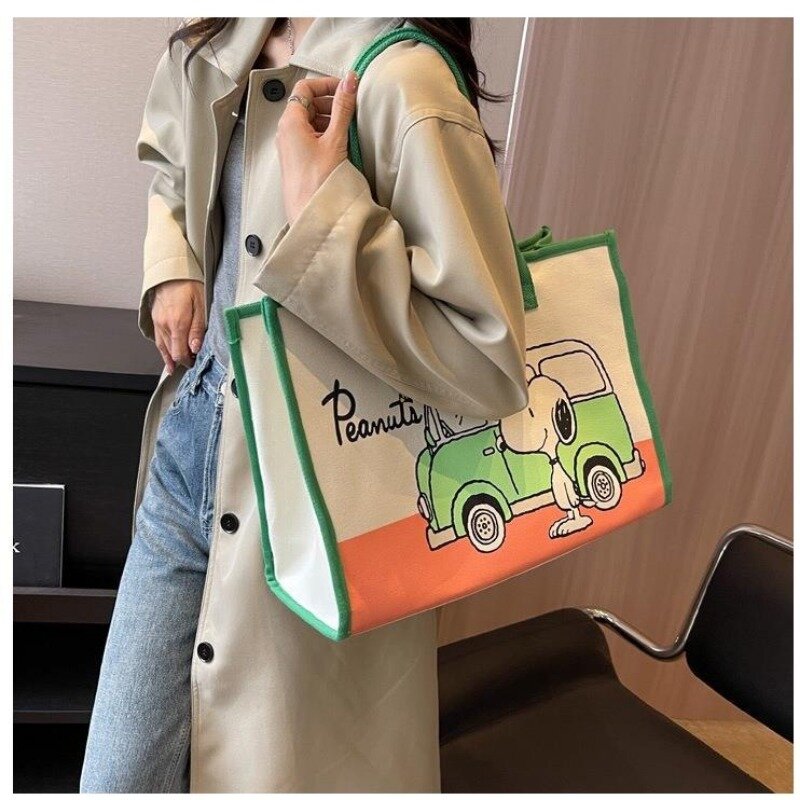 Kawaii سنوبي حمل حقيبة قماش حقيبة سعة كبيرة الكرتون الإناث موضة المحمولة بولي Cute لطيف الطباعة أكياس التسوق