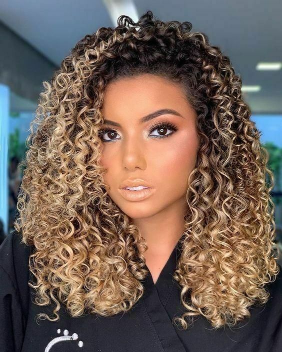 Women Long Curly  Synthetic Hair Ombre Black & Brown Mix Blonde Wig Soft Hair