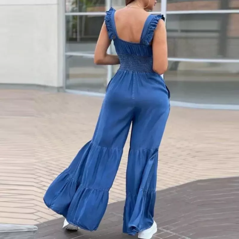 Women Solid Jumpsuits Spring V Neck High Waist Straight Playsuits Summer Backless Wide Leg Pleated Pants Rompers Flared Jumpsuit