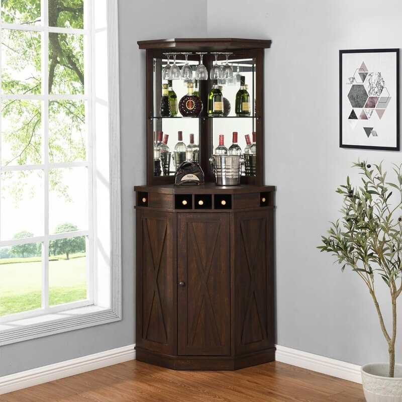 Высокий угловой шкаф для хранения с деревянными дверями, шкафчик для вина, подставка для ликера, стеклянный дизайн, большой деревенский барный шкаф для гостиной