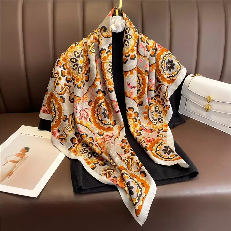 Lenço de seda sarja feminino, xale, cabelo embrulhar, lenço de verão, hijab, lenço, bandana, marca de luxo, 2022