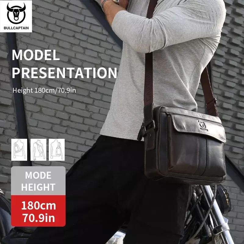 BULLCAPTAIN-Bolsa tirossada de couro genuíno masculina, bolsa casual de grande capacidade, pasta multifuncional de negócios