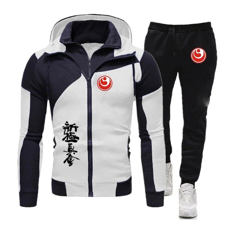 Kyokushin Karate Men Printing Spring and Autumn Hoodie Tracksuit Hooded Tops + Pants Fashion Diagonal Zipper Two-piece Suit