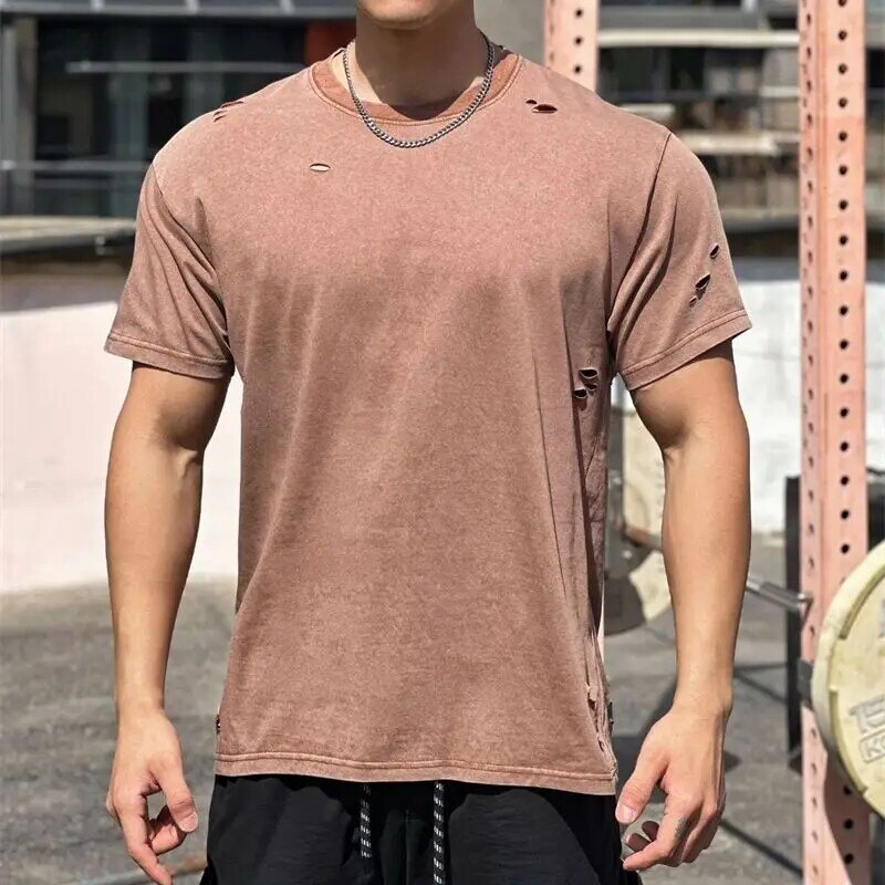 Ripped fashion casual street wear loose men's T-shirt top round neck cotton short sleeve T-shirt fitness exercise sportswear