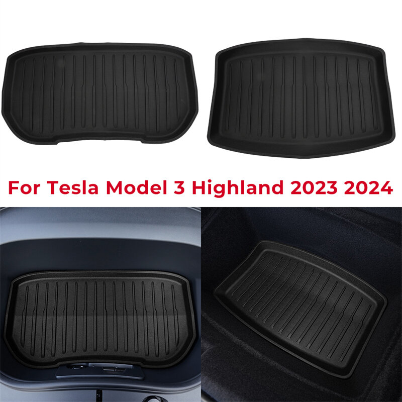 Tikar bagasi untuk Tesla Model 3 + kunci Piano TPE gaya Model baru 3 Highland 2023 2024 bantalan pelindung penyimpanan Frunk bagasi depan belakang