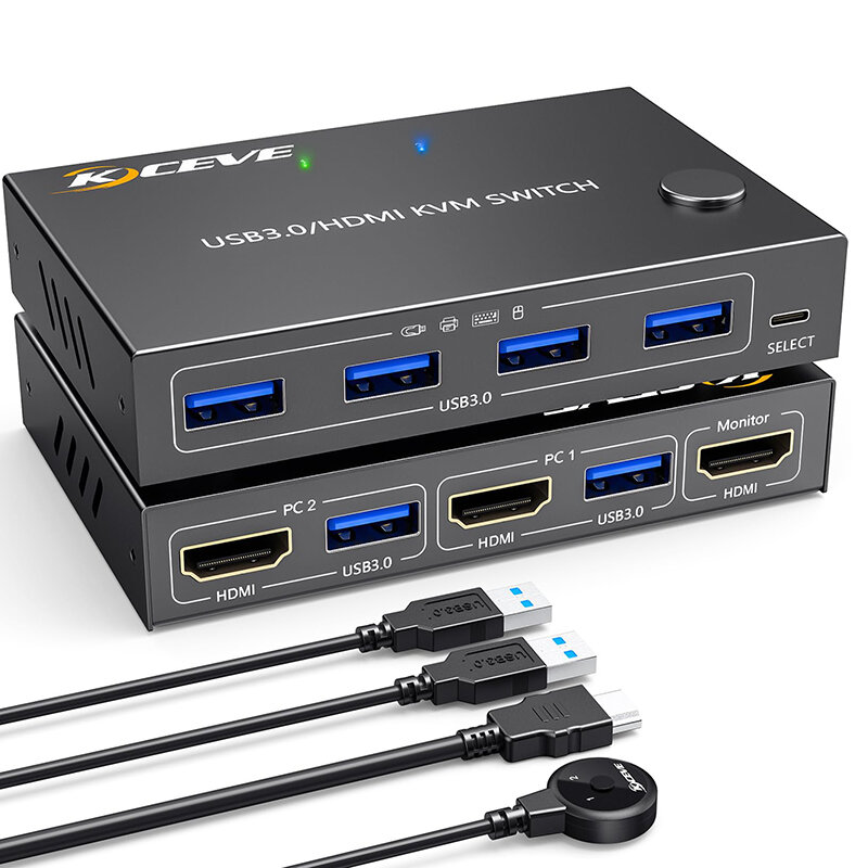KVM 스위치 HDMI 2 포트 박스, USB 3.0 및 HDMI 스위치, 시뮬레이션 EDID, 2 컴퓨터 공유 키보드 마우스 프린터, 4K @ 60Hz, 2K @ 144Hz