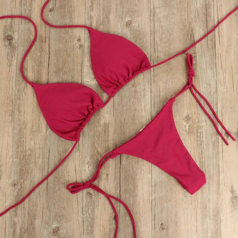 Halter Neck Strap Thong Bikini Set para mulheres, maiô monocromático, roupa de banho sexy, roupa de praia, 2 pcs, 2024