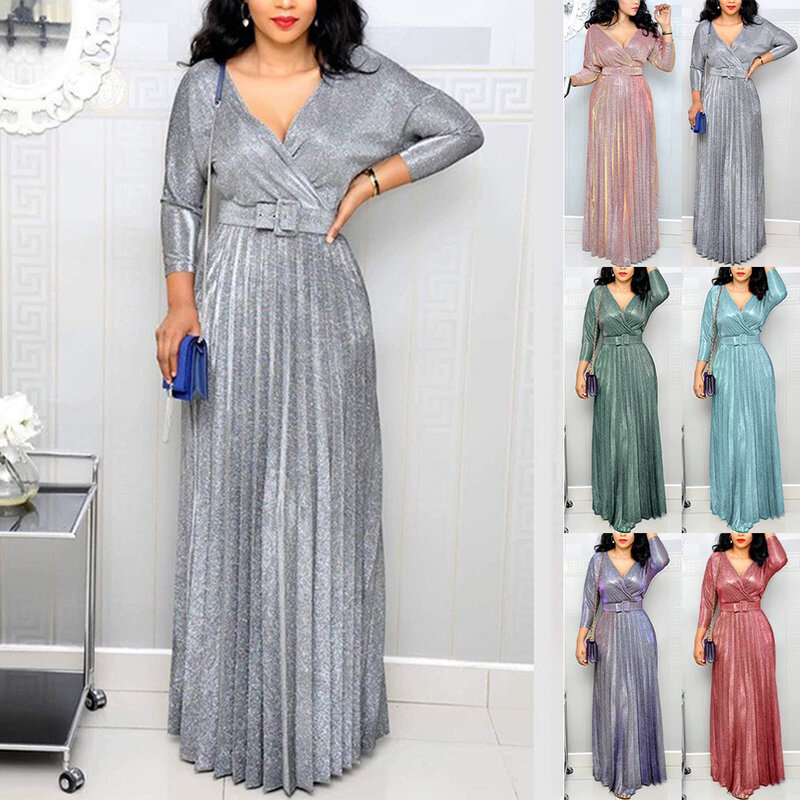 Attractive Daily Dress Woman Clothes Prom Ball Gown With Belt Shiny Long Sleeve Slight Strech Women Classic Pleated Hem For Man