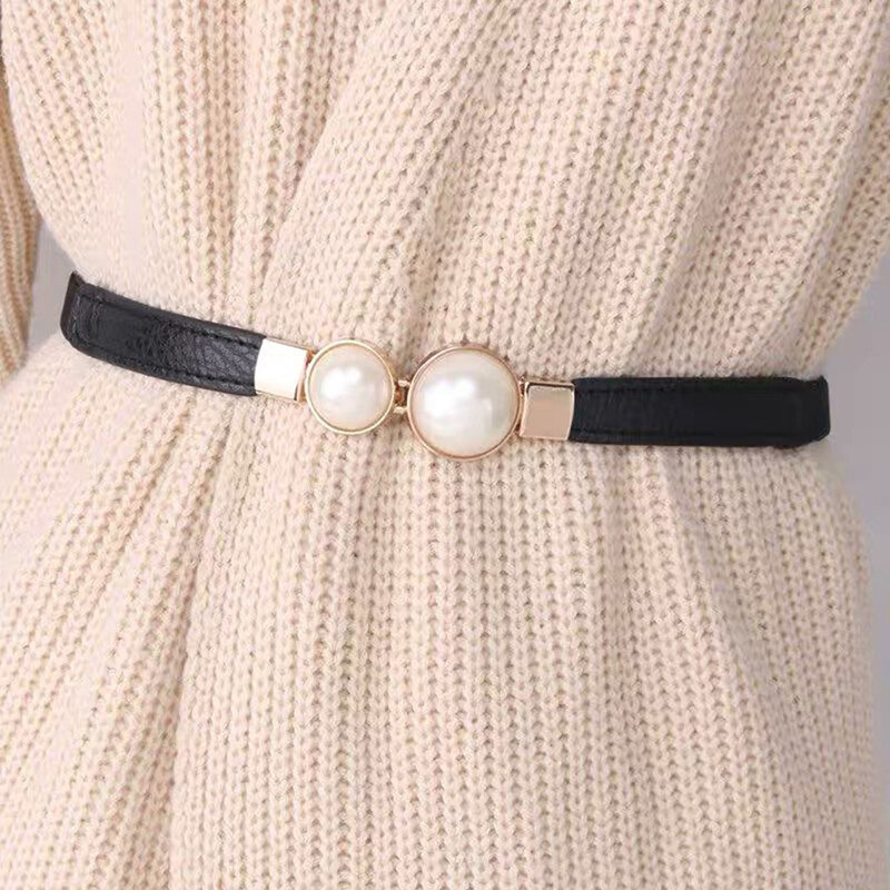Cinturón de cuero PU con hebilla de perla creativa para mujer, cinturón Delgado elástico, cintura de falda de vestido