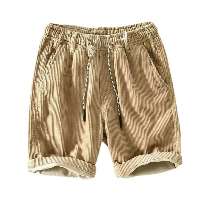 Men Summer Shorts Elastic Waist Adjustable Drawstring Casual Shorts With Pockets Solid Color Wide Leg Corduroy Beach Shorts