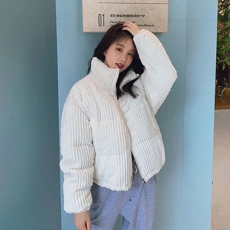 2024 neue Winter Cord kurze Jacke Frauen koreanischen Stil dicken Reiß verschluss Baumwolle Parkas Frau stehen Collor warme Outwear Bubble Coats