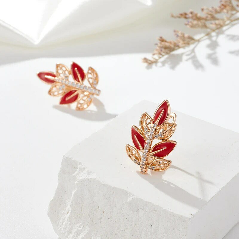 SYOUJYO-Brincos de Maple Leaf Vermelho para Mulheres, Cera Natural de Zircão, Jóias de Luxo Incrustadas, Cor Ouro Rosa, 585