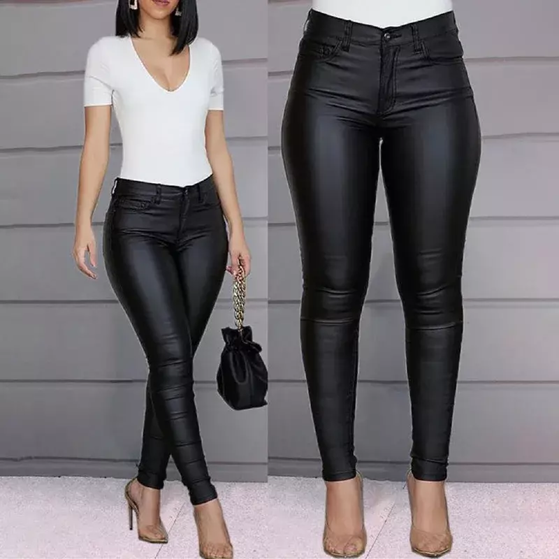 2024 disambung jeans wanita baru Fashion warna Solid kulit PU celana seksi kaki celana kasual celana YBF2-3 wanita