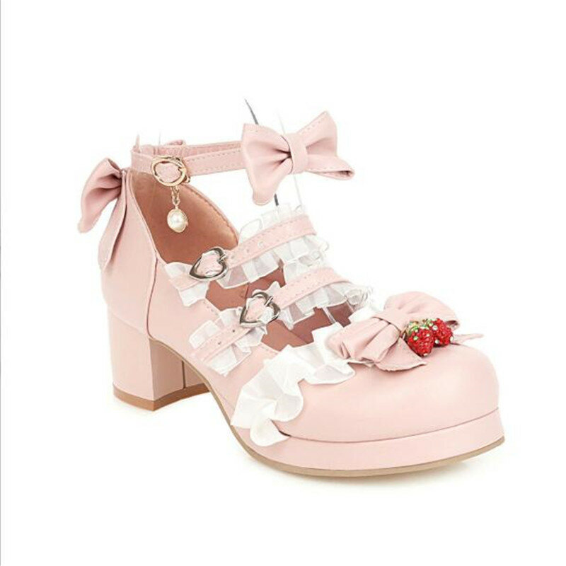Lolita dziewczyny buty Mary jane łuk truskawkowe Ruffles słodka księżniczka buty weselne damskie buty na wysokim obcasie Cosplay Plus rozmiar 31-43