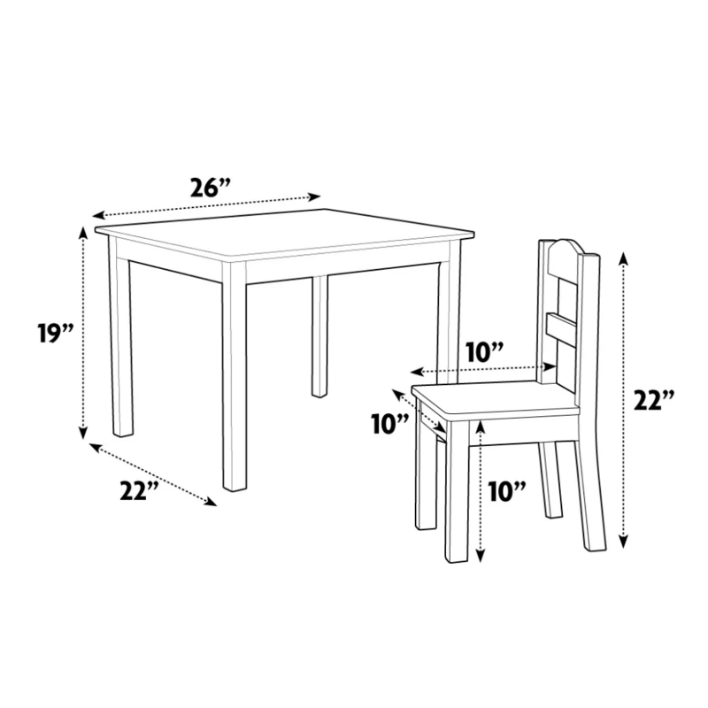Conjunto infantil para mesa de madeira primária e 4 cadeiras em madeira natural