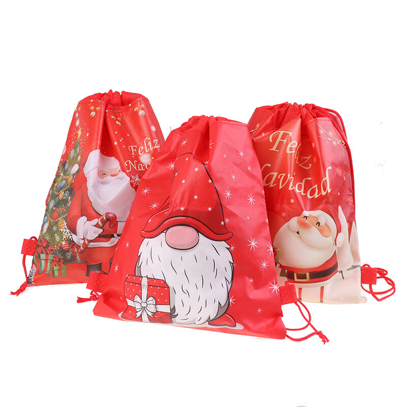 กระเป๋าหูรูดลายซานตาคลอสสำหรับเด็กกระเป๋าเป้ผ้านอนวูฟเวนสำหรับงานวันเกิดอุปกรณ์สำหรับการเดินทาง