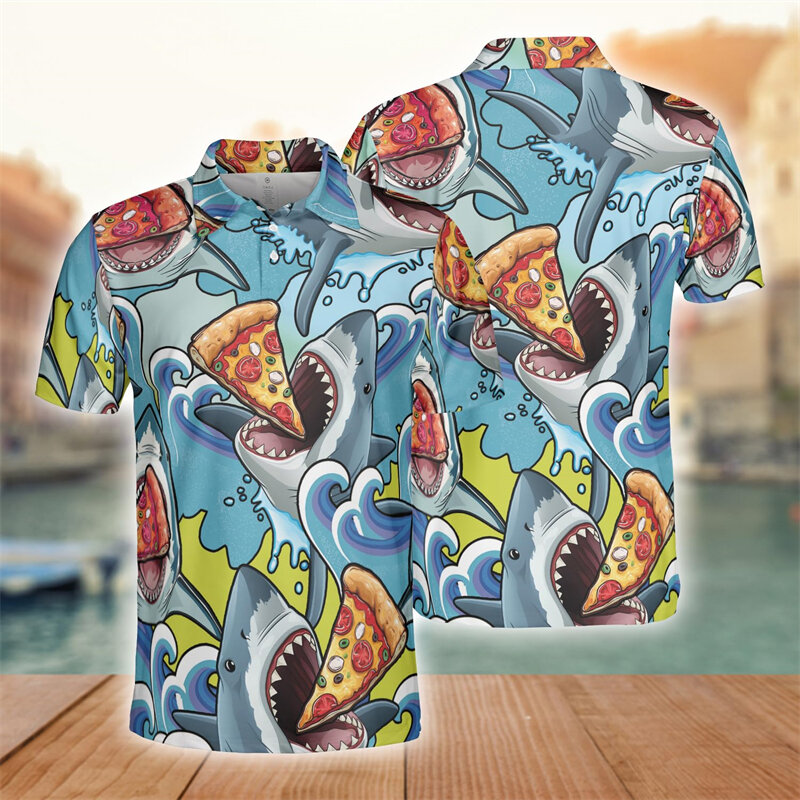 Fashion Design Pizza 3D Printed Polo Shirts For Men Clothes Harajuku Animal Short Sleeve Hawaiian Vacation Beach POLO Shirt Tops