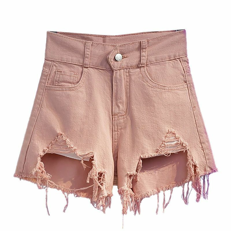 Celana pendek Denim dengan tepi kasar tidak teratur pinggang tinggi ukuran besar tipis musim panas wanita gaya tipis baru merah muda Hottie A-Line celana