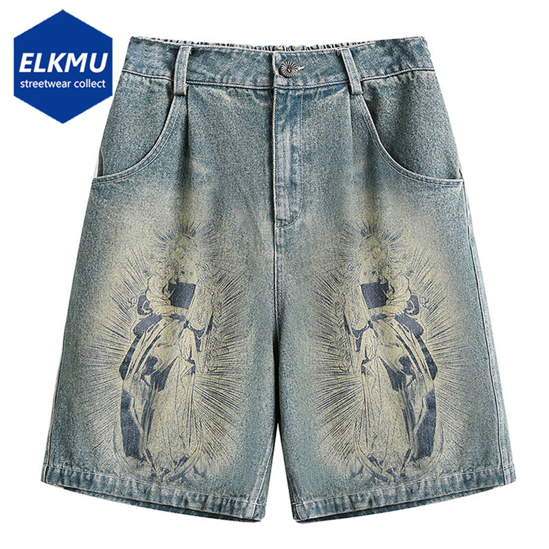 Y2K Vintage Denim Shorts Printed Blue Baggy Jeans Shorts 2024 Summer Men Casual Loose Shorts Hip Hop Streetwear