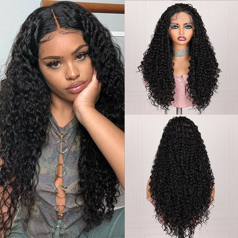 Black Glueless 26“ 180Density Long Kinky Curly Lace Front Wig For Women BabyHair Soft Black Preplucked Heat Resistant Daily Wig