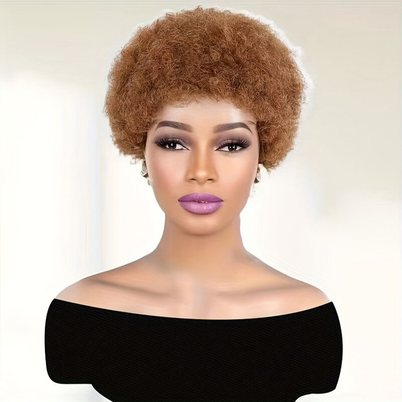 Gluless Fluffy Afro Kinky Curly Wig para Mulheres Negras, Remy Cabelo Humano Brasileiro, Curto Sassy, Natural, Marrom, Borgonha