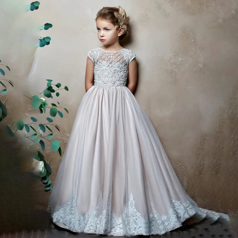 Haftowane aplikacje koronkowe dziewczęca sukienka w kwiaty tiulowa sukienka balowa pierwsza komunia suknia z krótkim rękawem bankietowe suknie księżniczki فساتين اط