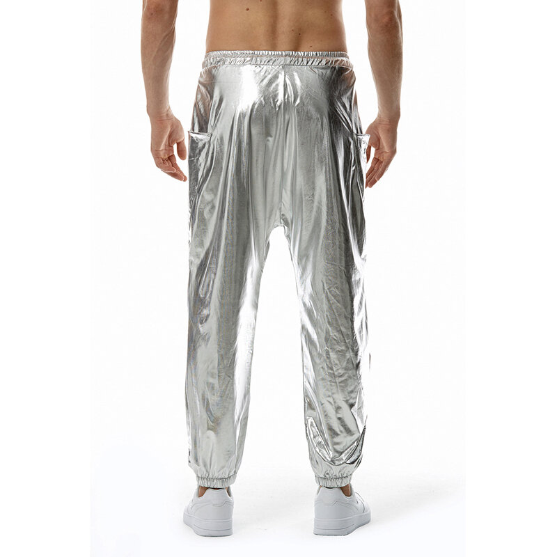 Shiny Gold Metallic Jogger Sweatpants สำหรับผู้ชาย Hip Hop Casual กระเป๋ากางเกง Cargo Disco Dance Party เทศกาลพรหม Streetwear