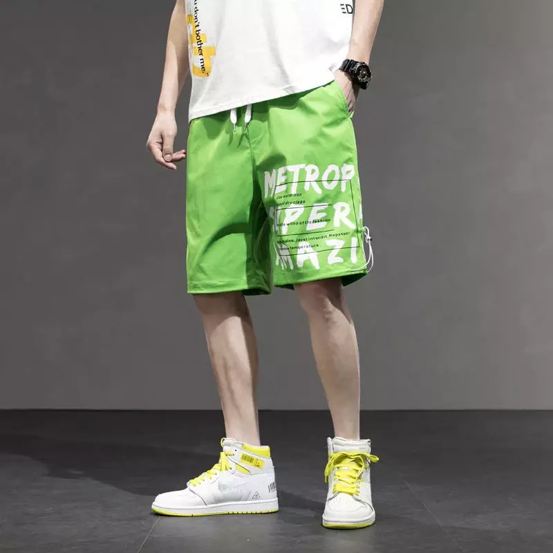 Męskie szorty Cargo Streetwear bermudy krótkie spodnie dla mężczyzn zielony z nadrukiem z ze ściąganą elastyczną talią workowatym luksusem na co dzień