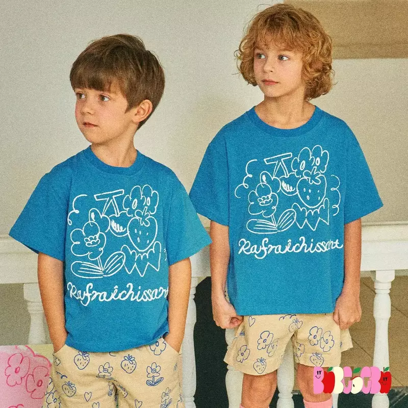 Neue Sommer-Sets koreanische Bebe Kinder Obst T-Shirt Mädchen blaue Hoodies Kinder fröhliches Hemd Kind Mode Jungen Geburtstags kleidung