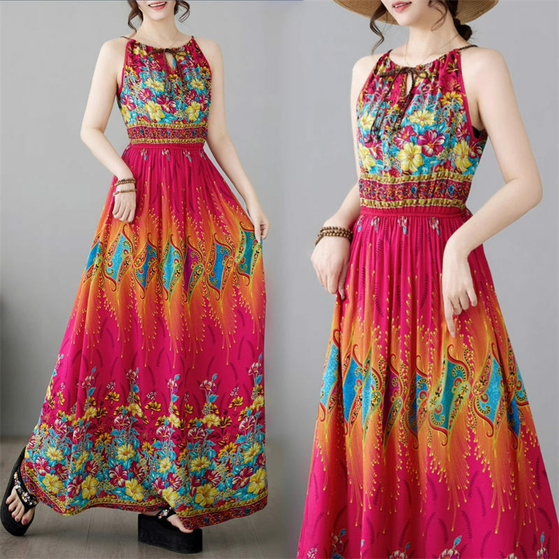 Gaun pantai Maxi modis Retro tanpa lengan gaya tipis merah gaun gaya etnik Bohemian cetak artistik Musim Panas 2024 K774