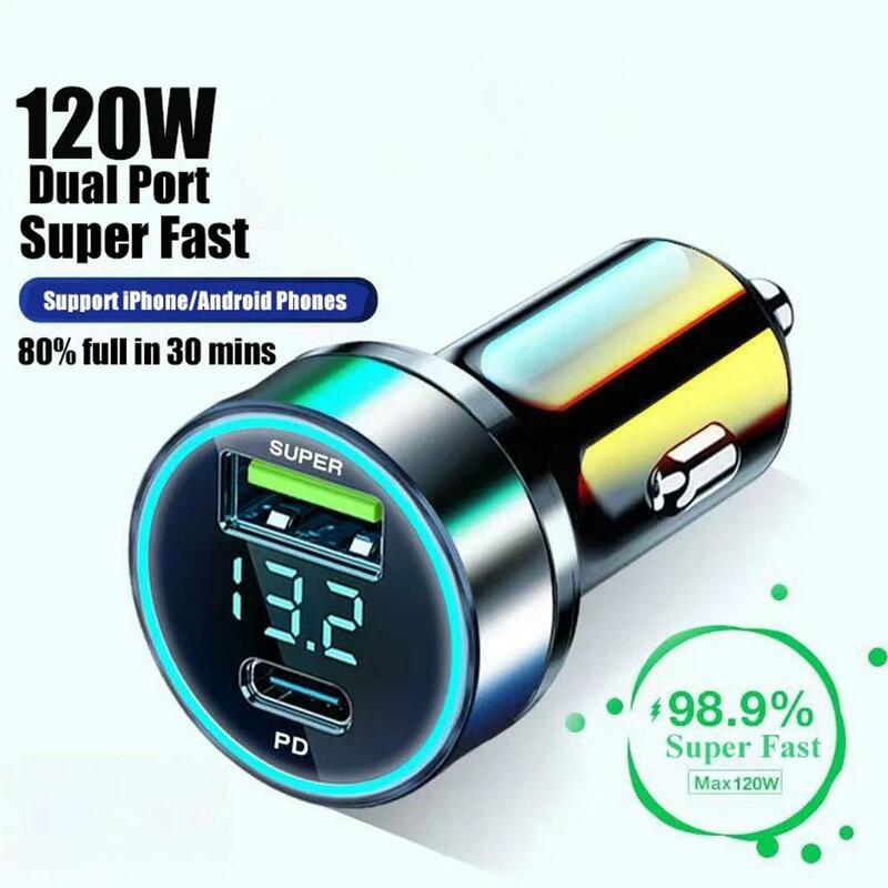 Quick Car Charger 12-24V Dual USB Type C 120W+PD20W Fast Charger For IPhone13 Pro Samsung Phone Car Fast Charging