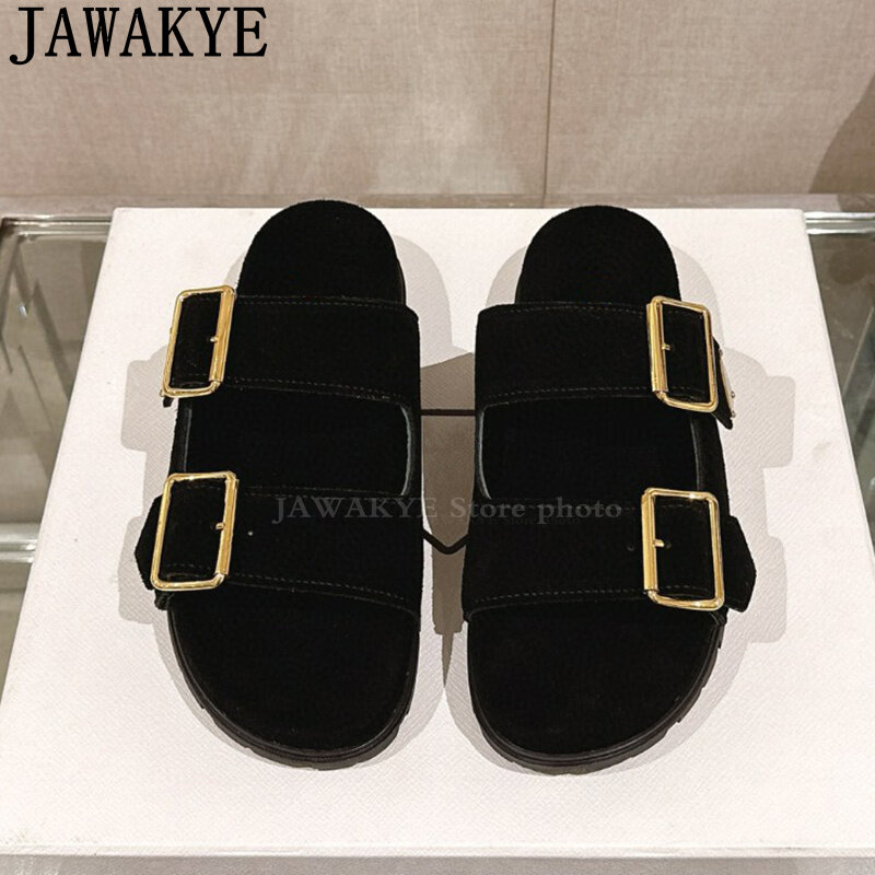 Buckle Designer Flat Slippers Women Summer Round Open Toe Casual loafers Mules Slipper Simple Luxury Brand Punk Slippers Mujer