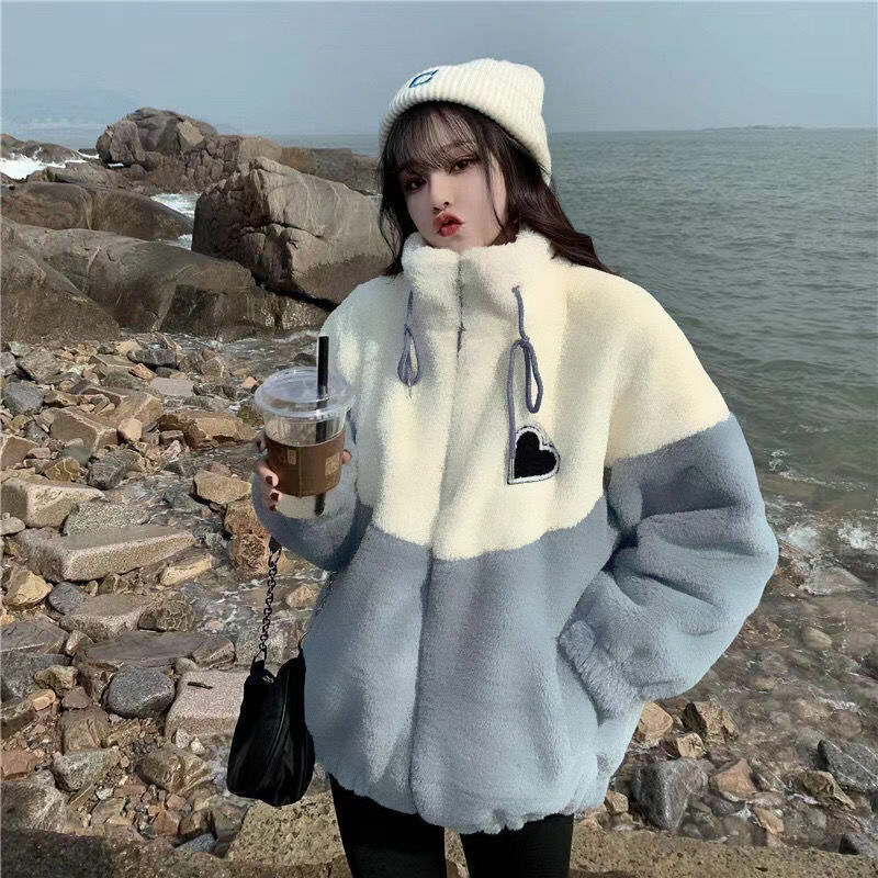 2023 new cashmere coat women's autumn and winter clothing Korean version loose and thickened splicing cotton clothing trend