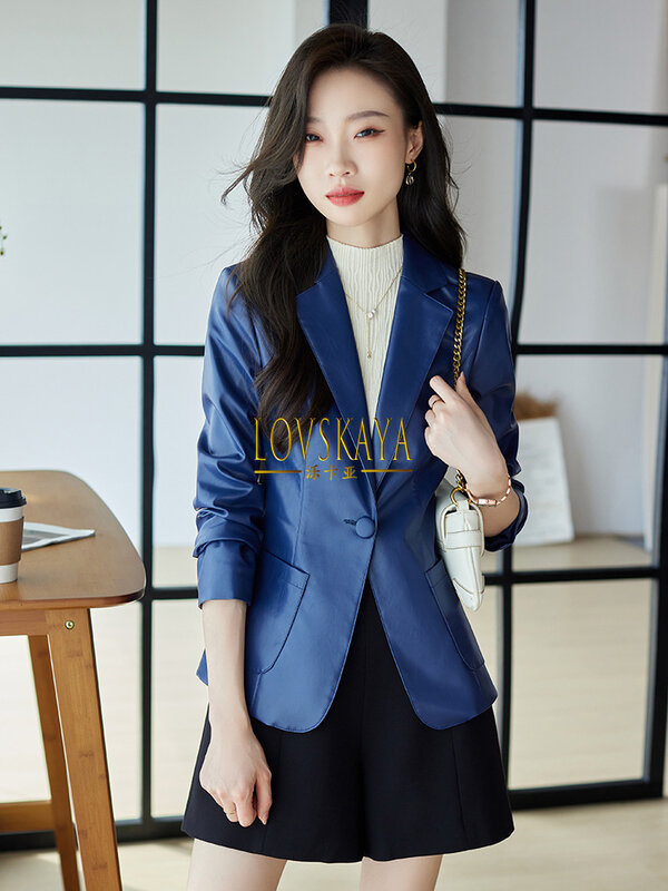 New small and short leather jacket Korean casual small suit coffee colored suit jacket for women