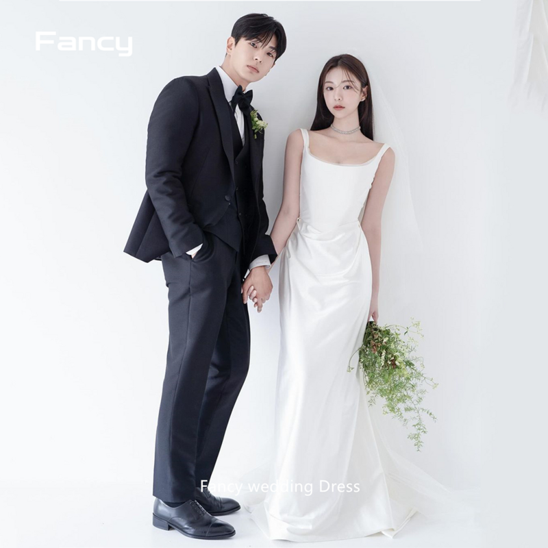 Необычное простое корейское свадебное платье на тонких бретельках с квадратным вырезом Свадебное платье на заказ
