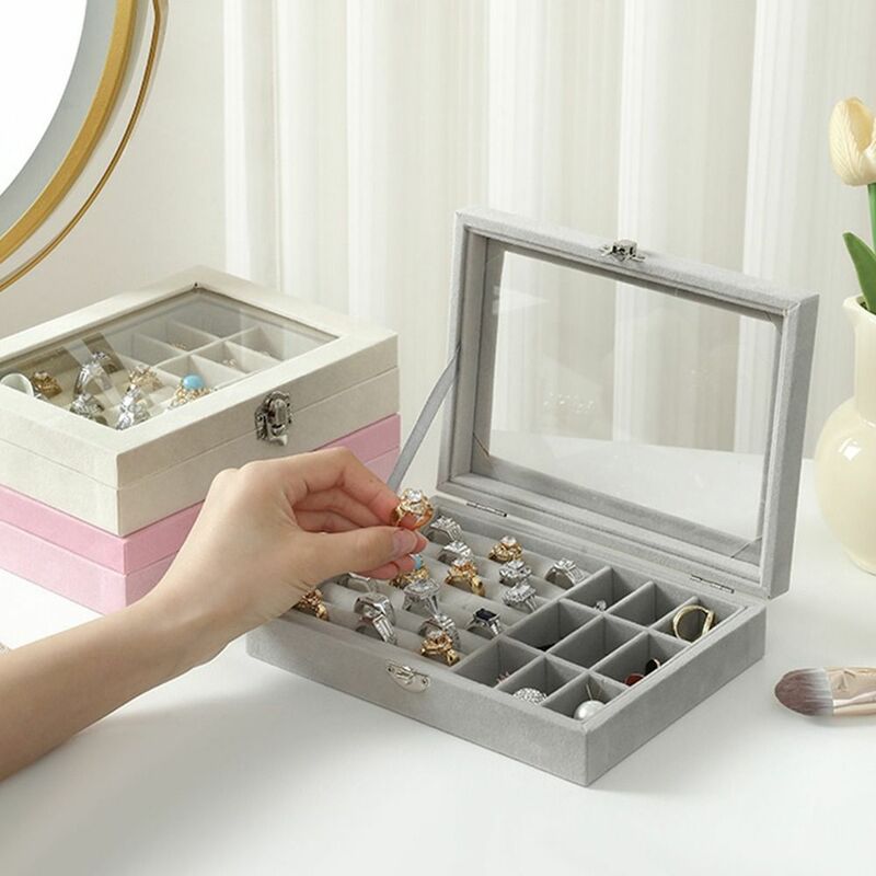 صندوق عرض المجوهرات المخملية أحادية اللون ، منظم أقراط شفاف محمول ، حقيبة قلادة وخاتم