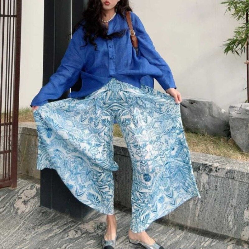 Women's Summer New Retro Minimalist Commute Elastic High-waisted Printed Tie Dye Leopard Ruched Straight Loose Wide Leg Pants