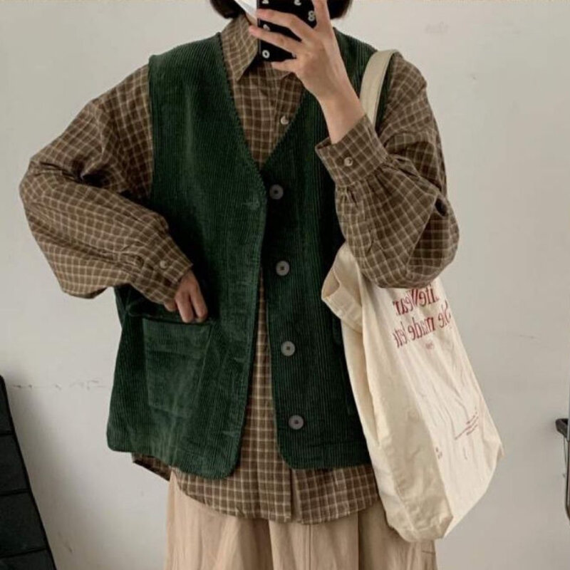Chalecos de pana para Mujer, Ropa de calle con bolsillos, Ropa suave que combina con todo, estilo japonés, Vintage, sólido, otoño