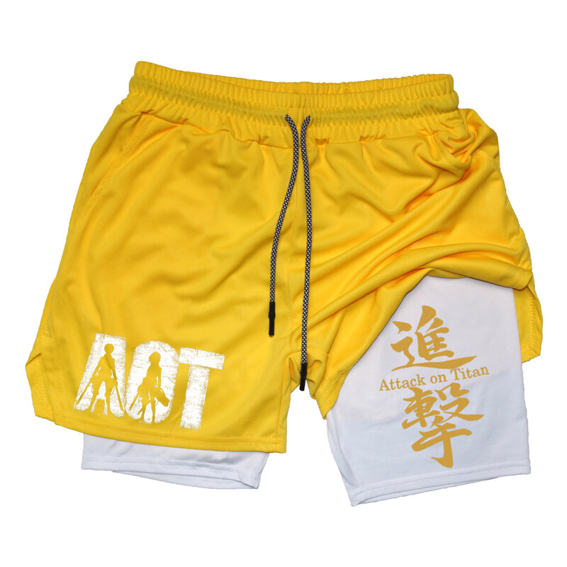 Men's Anime Attack On Titan Gym Shorts Bilayer 2-In-1 Breathable Quick-Drying Multiple Pockets Sports Short Gym Jogging Pants