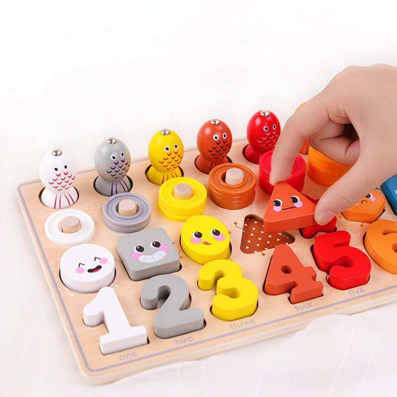Houten Nummer Puzzel Spel Speelgoed Voor Peuters-Vissen Spel Wiskunde Matching Speelgoedbord Voor Leeftijd 3 Jaar Kinderen