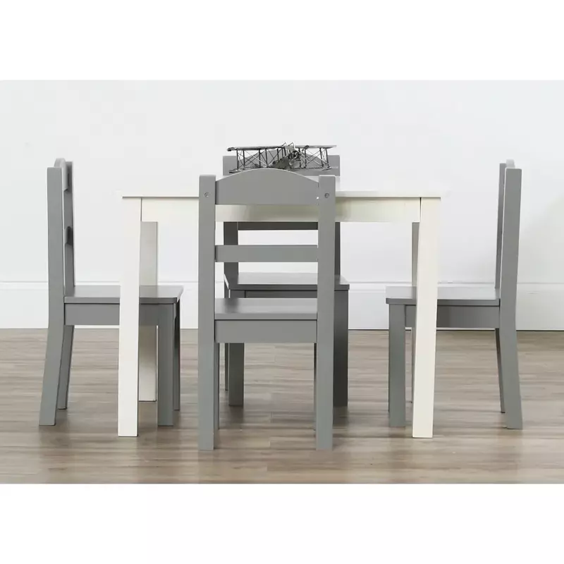 Pringfield木製テーブルと椅子セット、子供用家具、白とグレーの椅子、子供用セット、5個