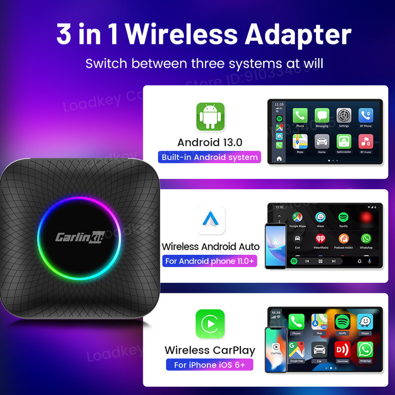 Carlinkit Wireless AI Box, Android 13 LED, Auto e CarPlay, Smart TV Box, Suporte YouTube e Netflix, Acessórios para carro, QCM6225